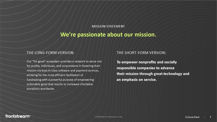 FrontStream's Mission: To empower nonprofits and socially responsible companies to advance their mission through great technology and an emphasis on service.