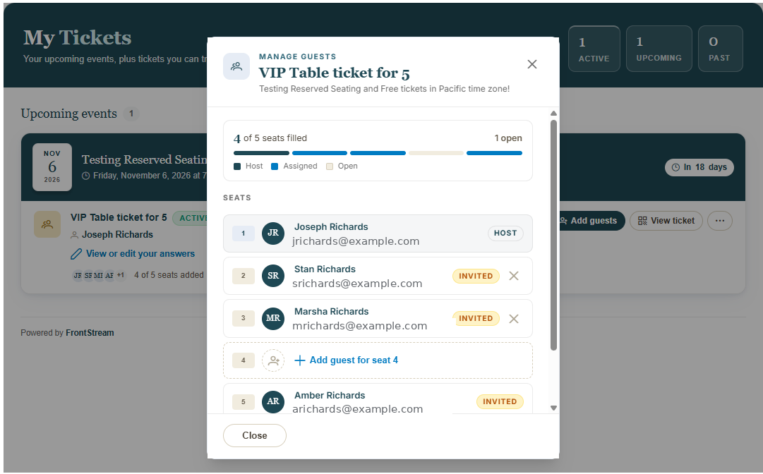 FrontStream Events Manage My Tickets screen where a guest views and manages their own tickets
