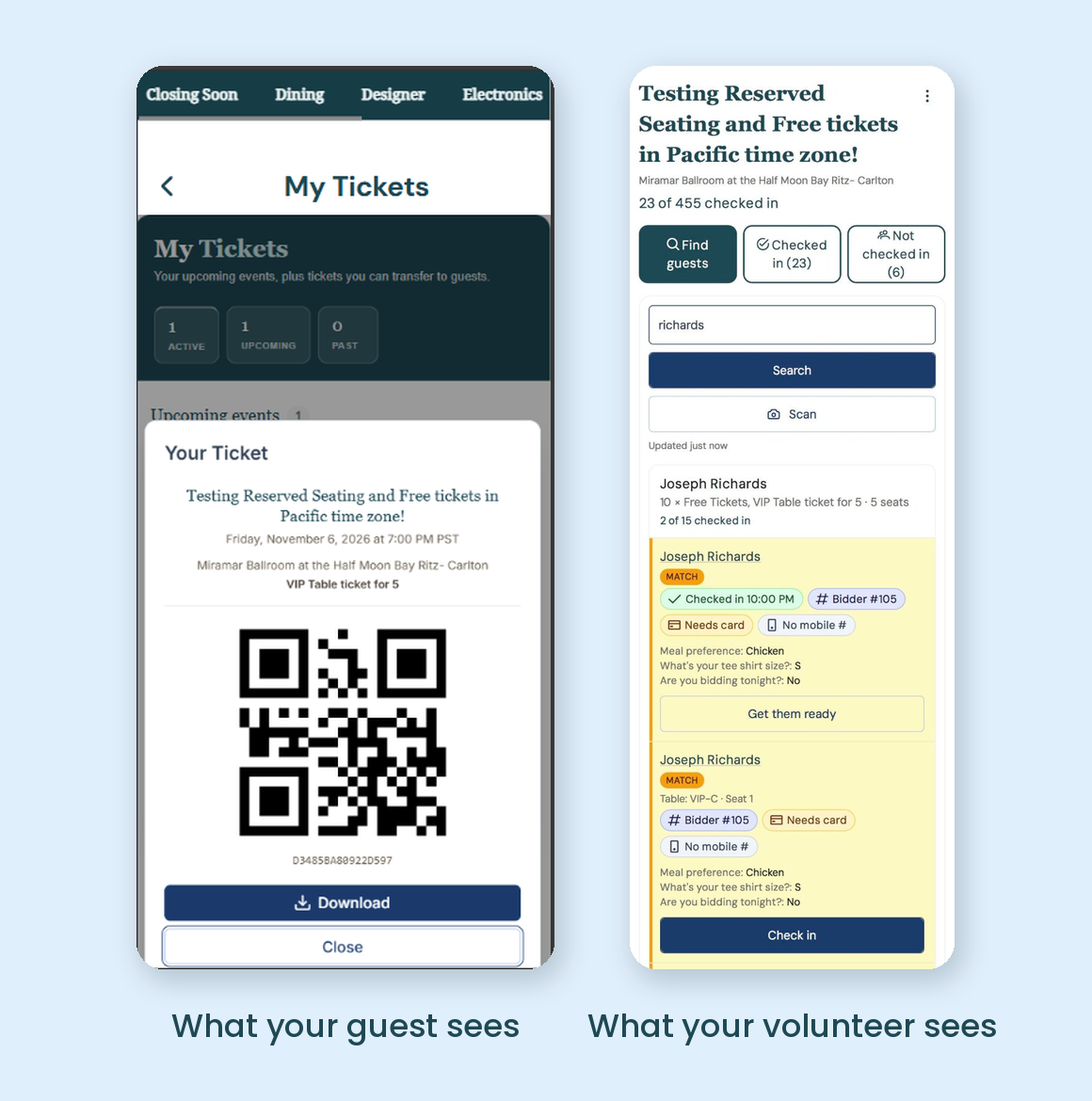 FrontStream Events check-in on mobile showing the guest's QR ticket and the volunteer check-in view